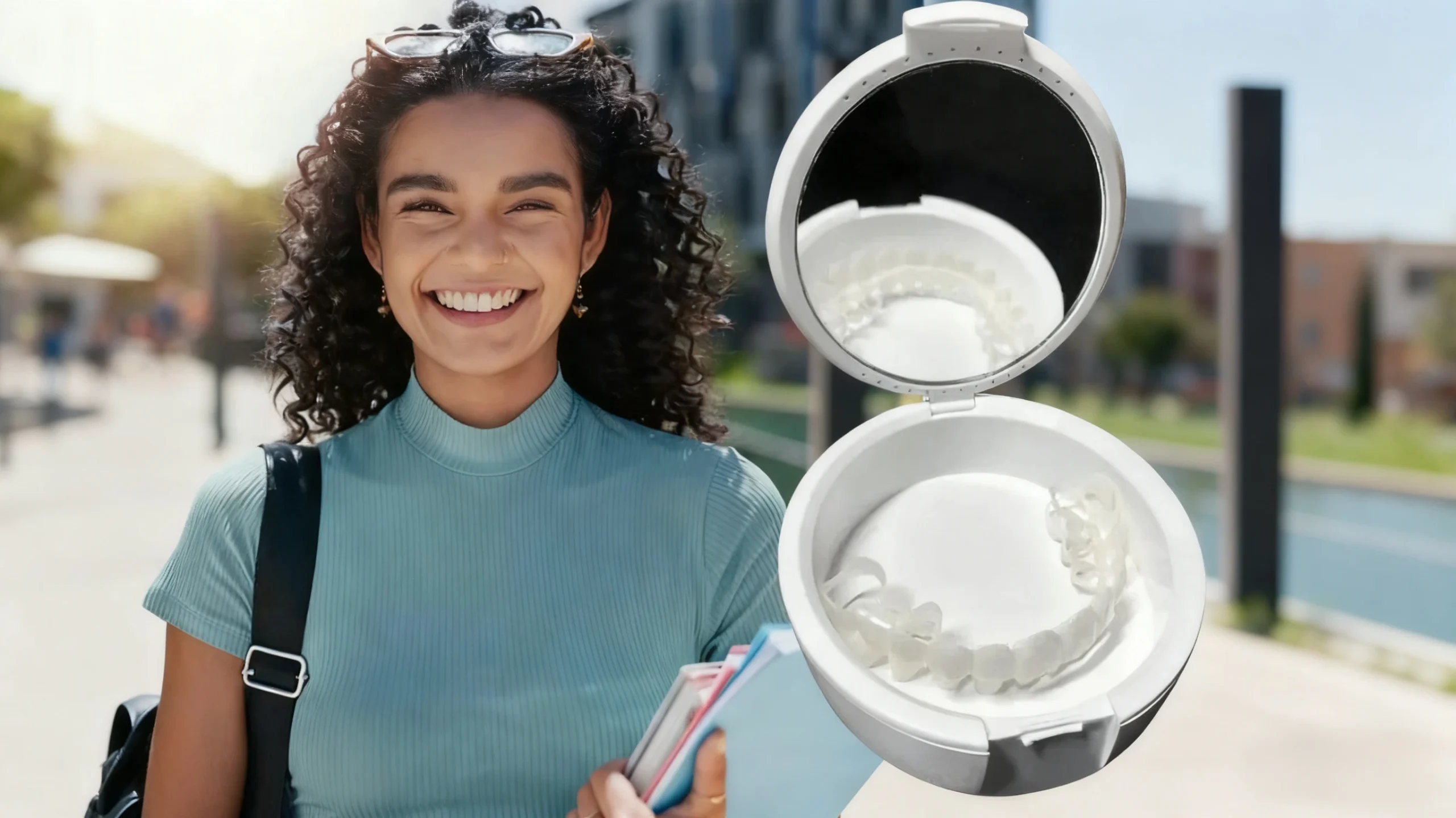 A happy woman showing a bright smile next to a compact case containing Shiny Smile Veneers — snap-on veneers for a confident, natural look