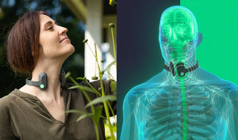 User relaxing while using Pulsetto vagus nerve stimulator at home